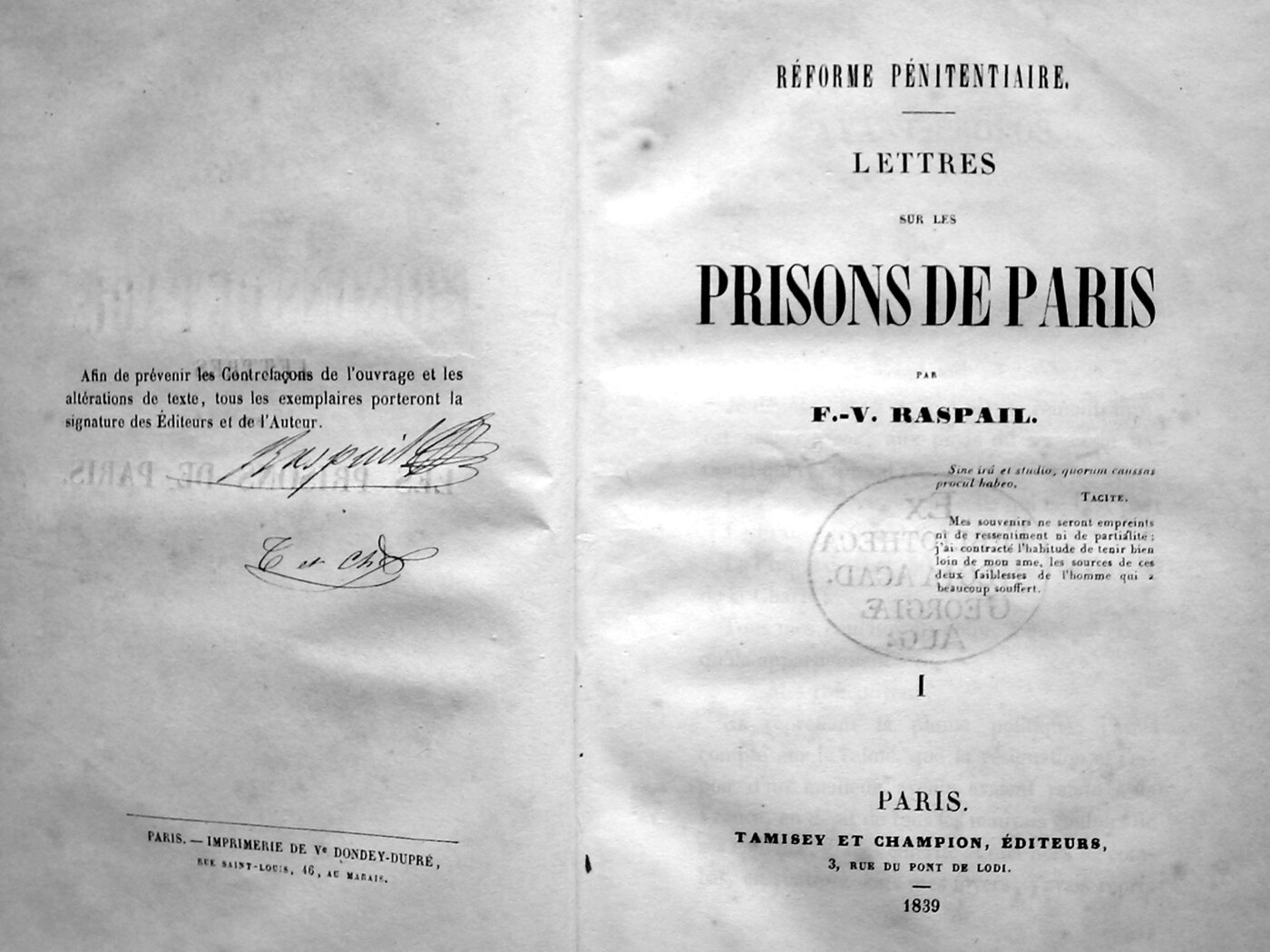 Fotografiertes Titelblatt von F.-V. Raspails Lettres sur les prisons de Paris aus dem Jahr 1839