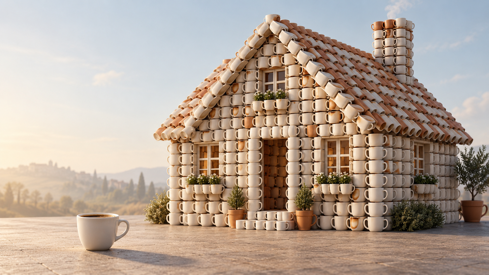 Una casa costruita con centinaia di tazze da caffè