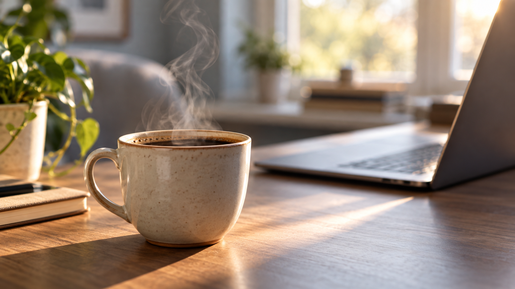 Una tazza di caffè fumante accanto a un computer portatile nella calda luce del mattino